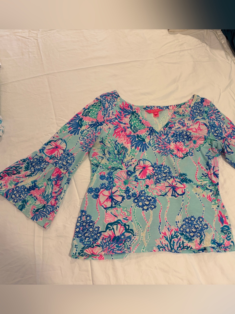 Lilly Pulitzer Mint Floral Bell-Sleeve Tunic with Pink & Blue Accents